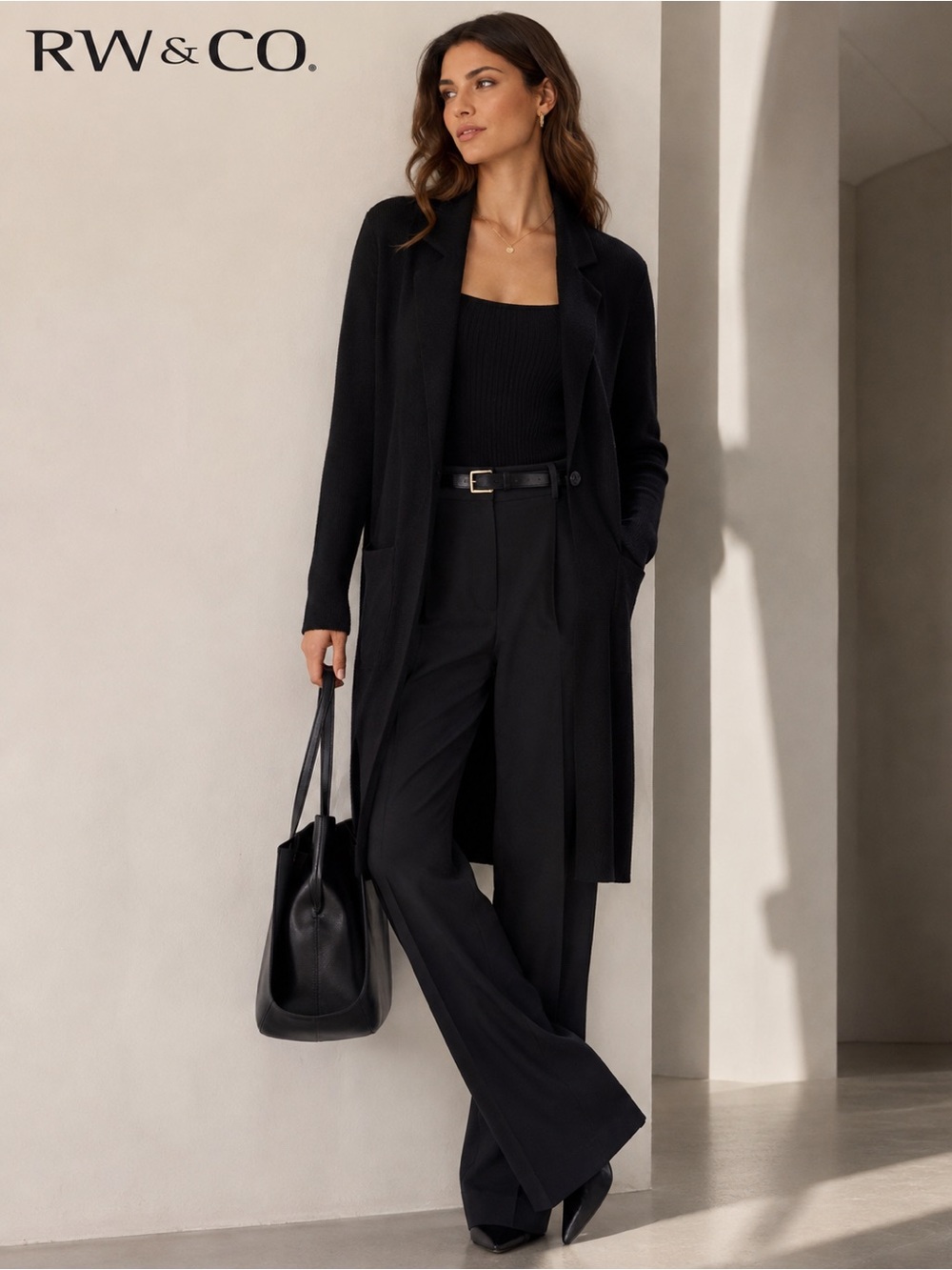 RW&CO. Camber & Grace Black Open Front Cardigan | Longline Knit | Size Medium
